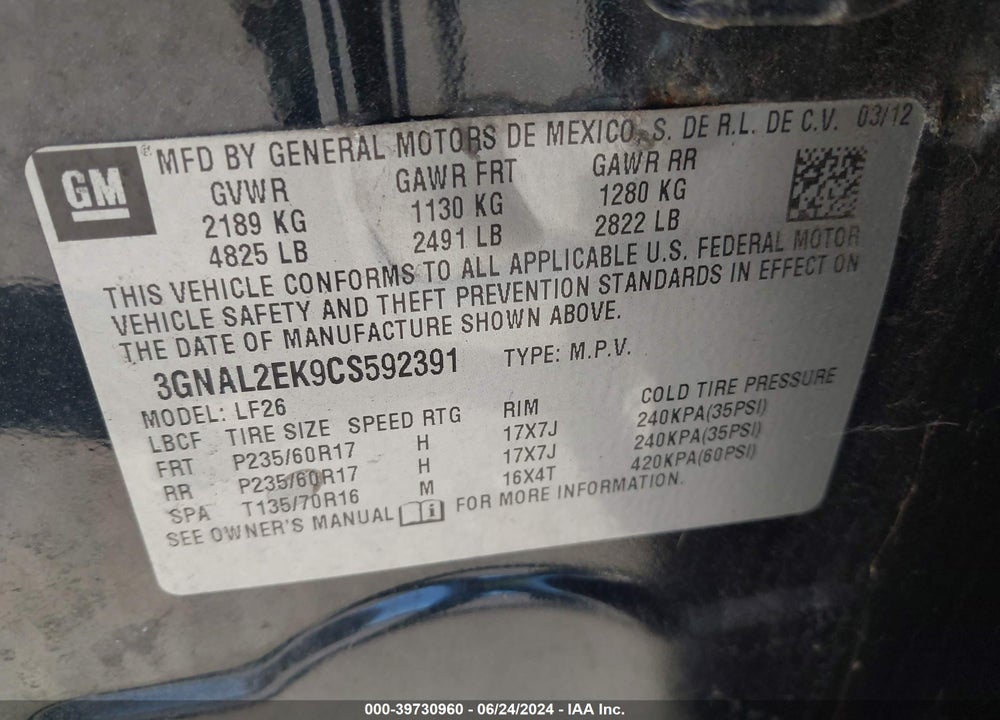 2012 CHEVROLET CAPTIVA SPORT 2LS VIN: 3GNAL2EK9CS592391