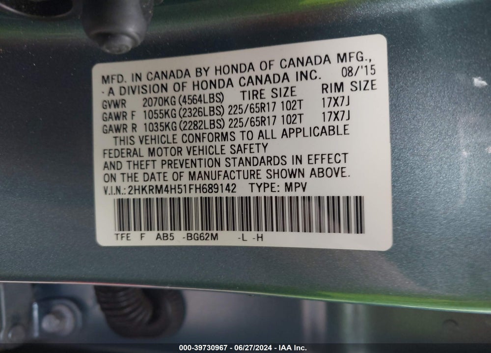 2015 HONDA CR-V EX VIN: 2HKRM4H51FH689142