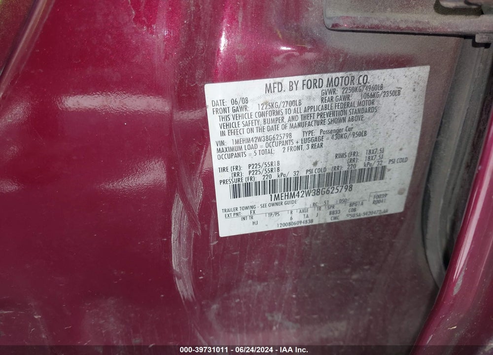 2008 MERCURY SABLE PREMIER VIN: 1MEHM42W38G625798