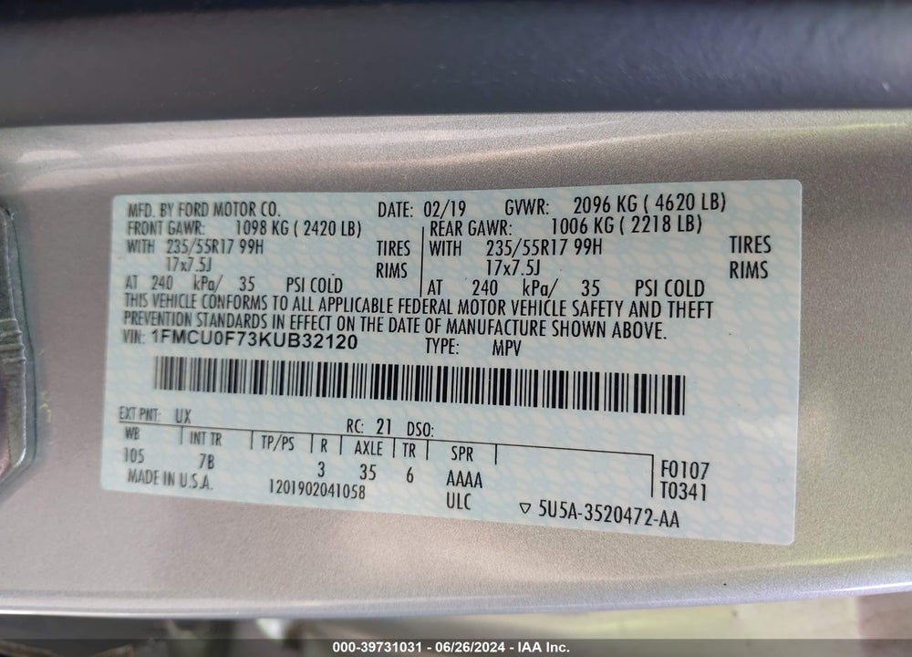 2019 FORD ESCAPE S VIN: 1FMCU0F73KUB32120