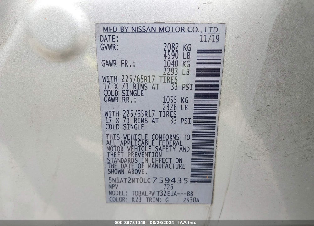 2020 NISSAN ROGUE S FWD VIN: 5N1AT2MT0LC759435