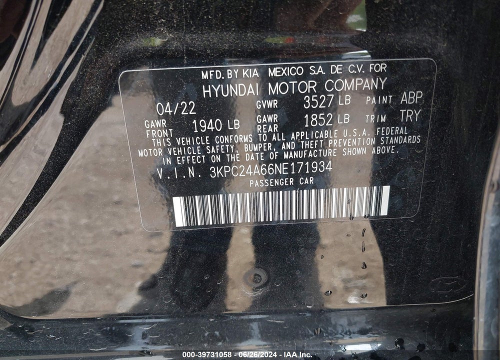 2022 HYUNDAI ACCENT SE VIN: 3KPC24A66NE171934