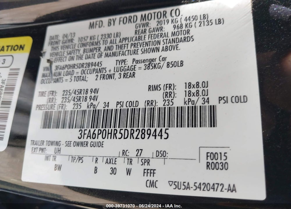 2013 FORD FUSION VIN: 3FA6P0HR5DR289445