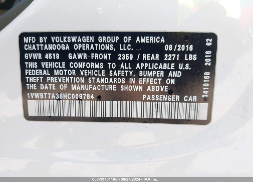 2017 VOLKSWAGEN PASSAT 1.8T SE VIN: 1VWBT7A38HC009764
