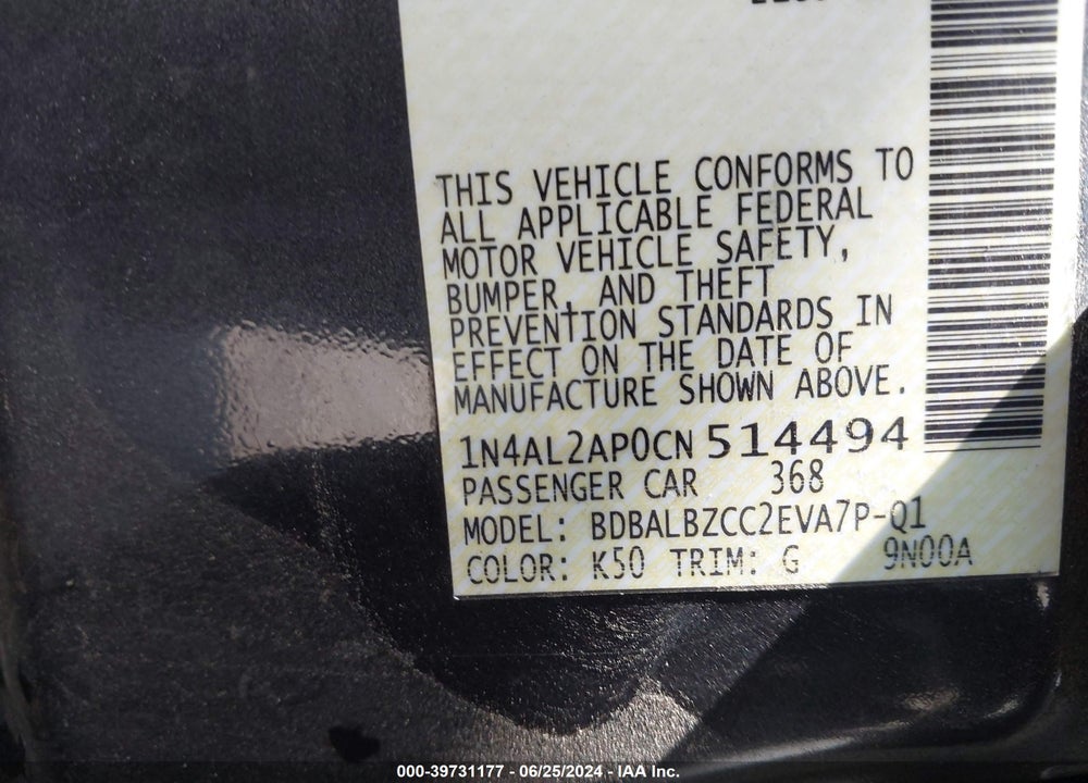 2012 NISSAN ALTIMA 2.5 S VIN: 1N4AL2AP0CN514494