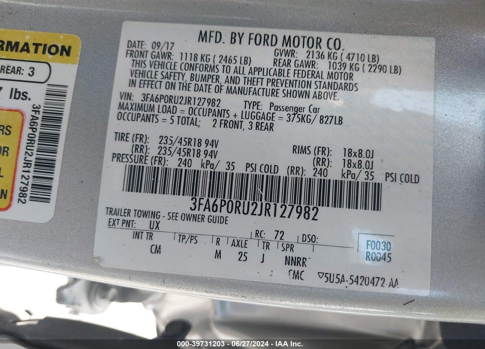 2018 FORD FUSION HYBRID TITANIUM VIN: 3FA6P0RU2JR127982