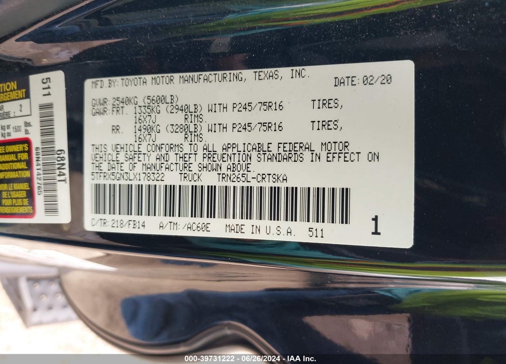 2020 TOYOTA TACOMA SR VIN: 5TFRX5GN3LX178322