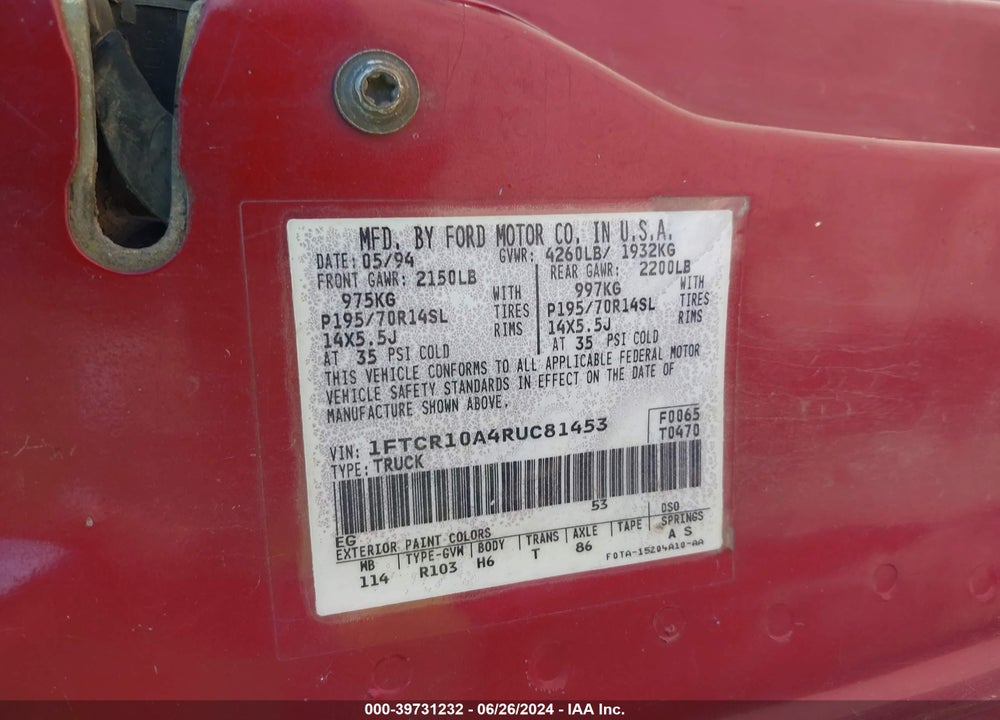 1994 FORD RANGER VIN: 1FTCR10A4RUC81453