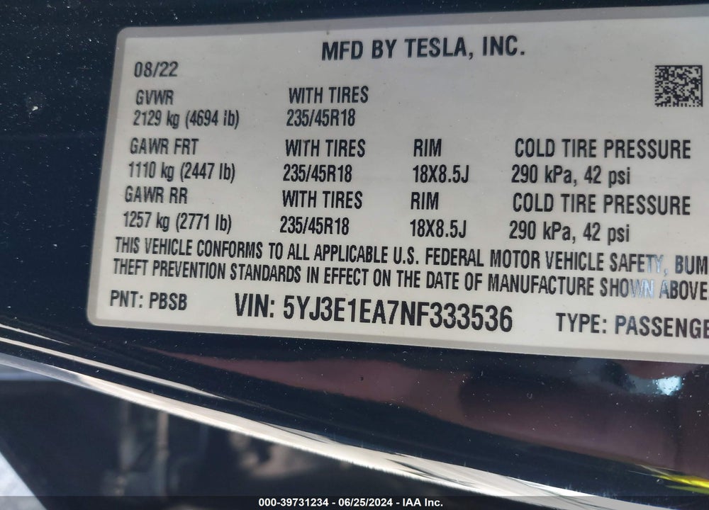 2022 TESLA MODEL 3 REAR-WHEEL DRIVE VIN: 5YJ3E1EA7NF333536