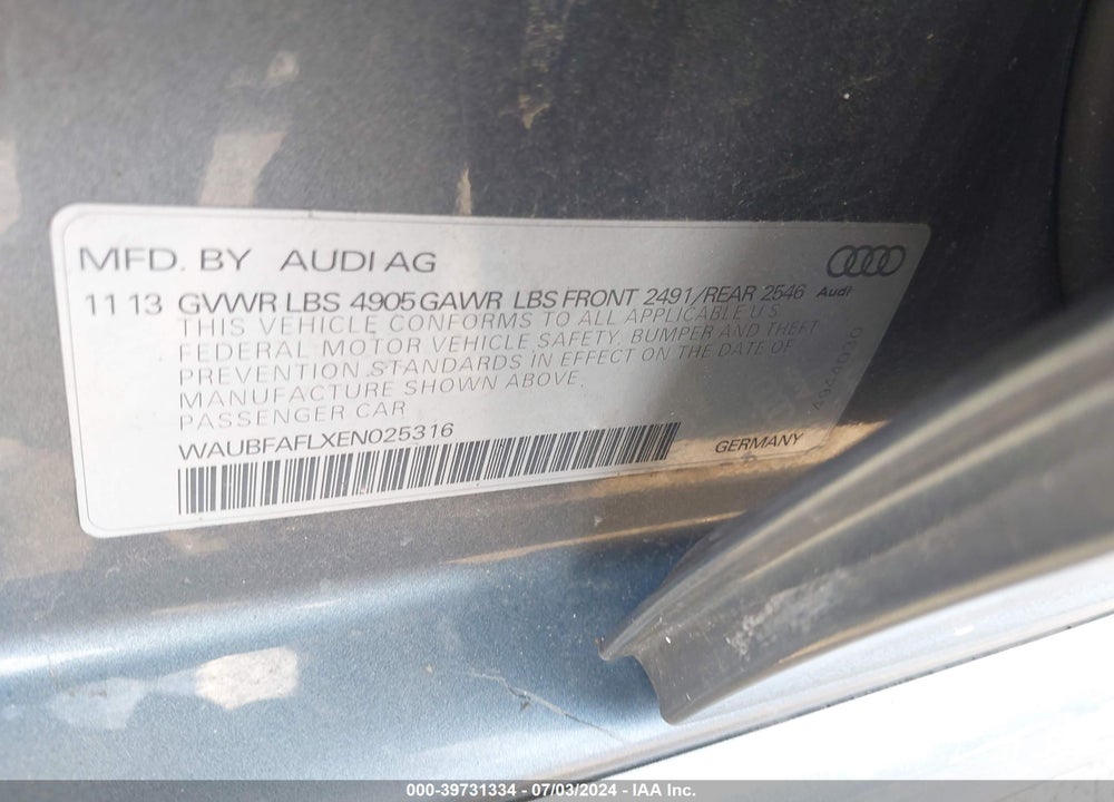 2014 AUDI A4 2.0T PREMIUM VIN: WAUBFAFLXEN025316