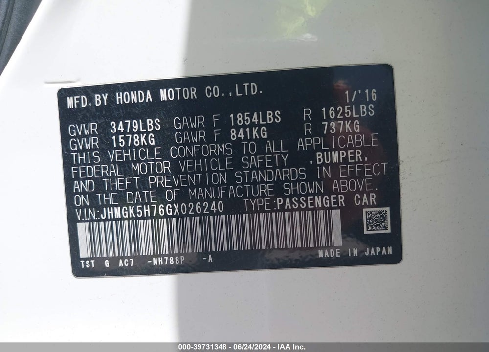 2016 HONDA FIT EX VIN: JHMGK5H76GX026240