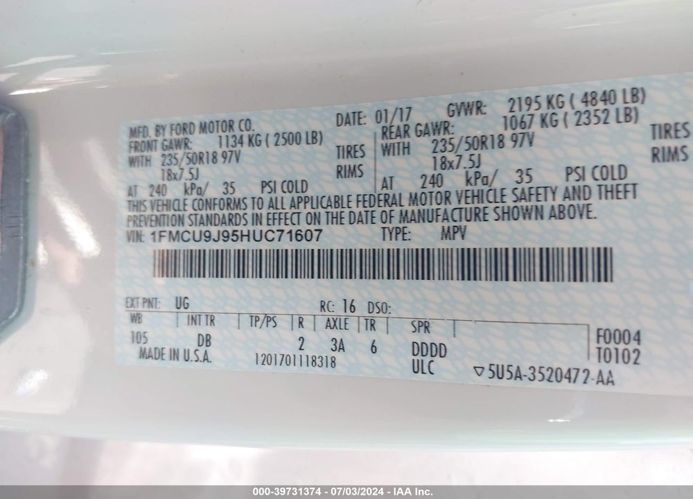 2017 FORD ESCAPE TITANIUM VIN: 1FMCU9J95HUC71607