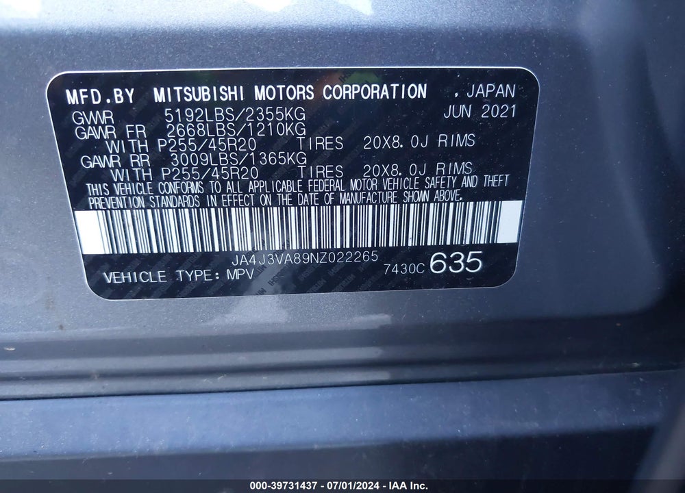 2022 MITSUBISHI OUTLANDER VIN: JA4J3VA89NZ022265