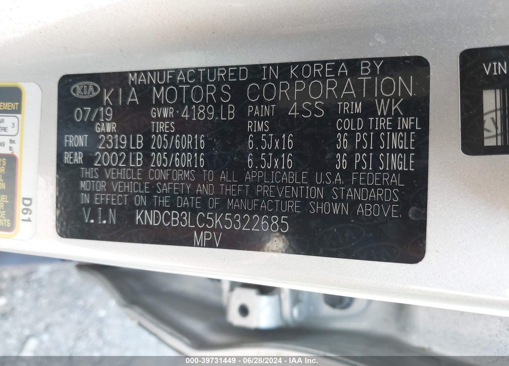 2019 KIA NIRO LX VIN: KNDCB3LC5K5322685