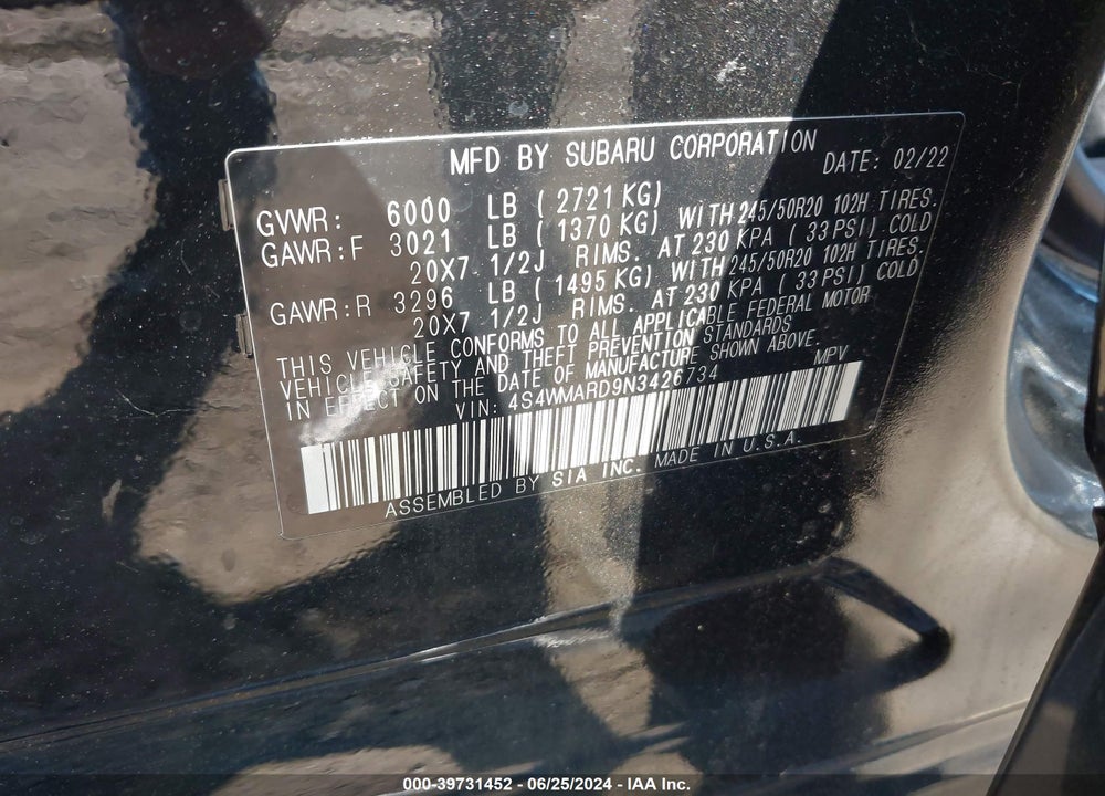 2022 SUBARU ASCENT TOURING VIN: 4S4WMARD9N3426734