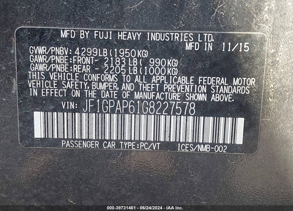 2016 SUBARU IMPREZA 2.0I SPORT PREMIUM VIN: JF1GPAP61G8227578
