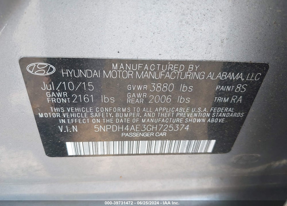 2016 HYUNDAI ELANTRA SE VIN: 5NPDH4AE3GH725374