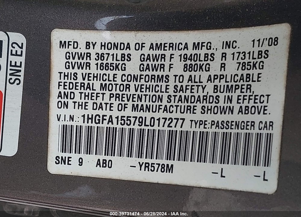 2009 HONDA CIVIC LX VIN: 1HGFA15579L017277