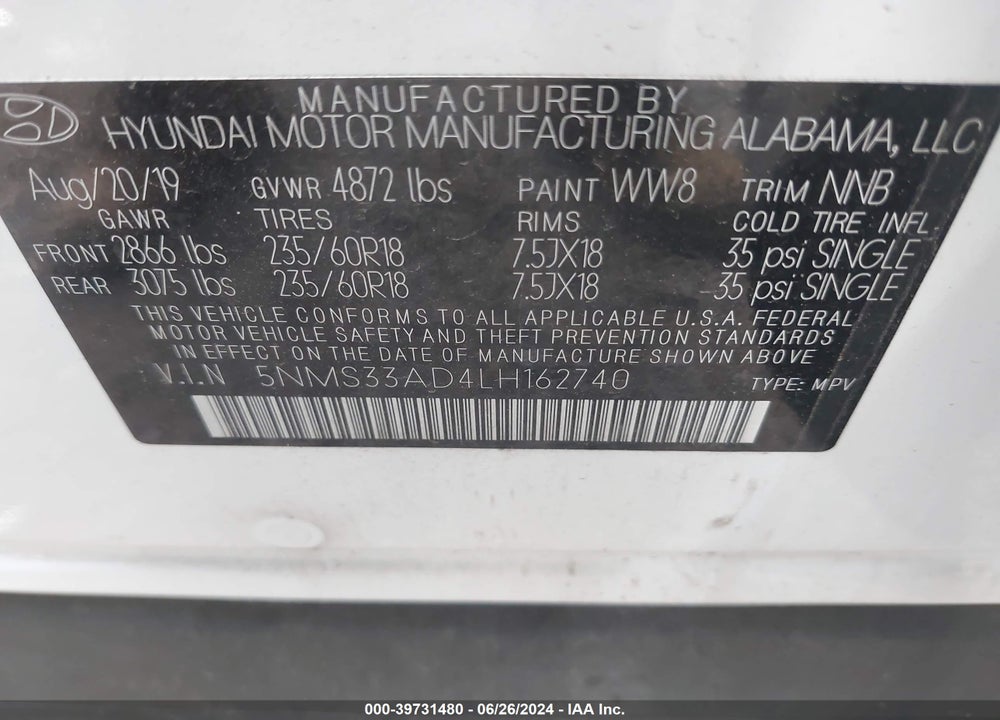 2020 HYUNDAI SANTA FE SEL VIN: 5NMS33AD4LH162740