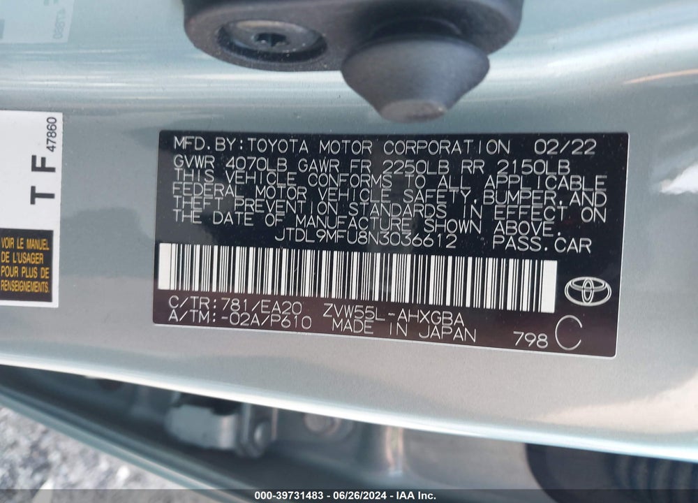 2022 TOYOTA PRIUS XLE AWD-E VIN: JTDL9MFU8N3036612