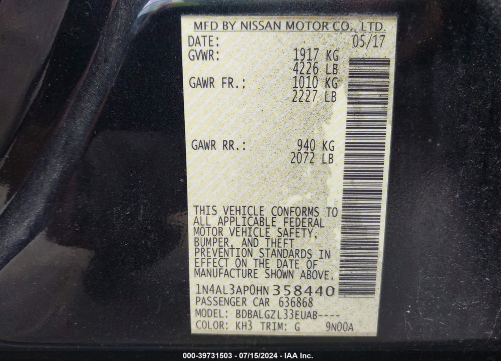 2017 NISSAN ALTIMA 2.5 S VIN: 1N4AL3AP0HN358440