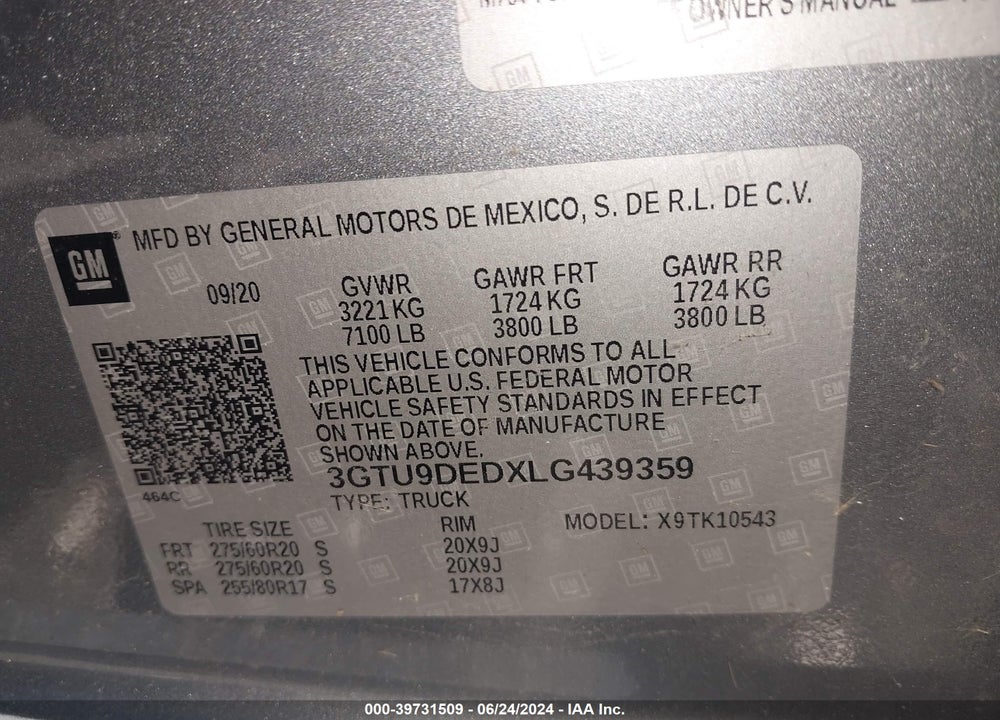 2020 GMC SIERRA 1500 VIN: 3GTU9DEDXLG439359