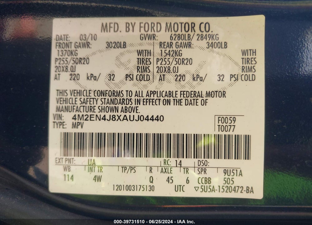 2010 MERCURY MOUNTAINEER PREMIER VIN: 4M2EN4J8XAUJ04440