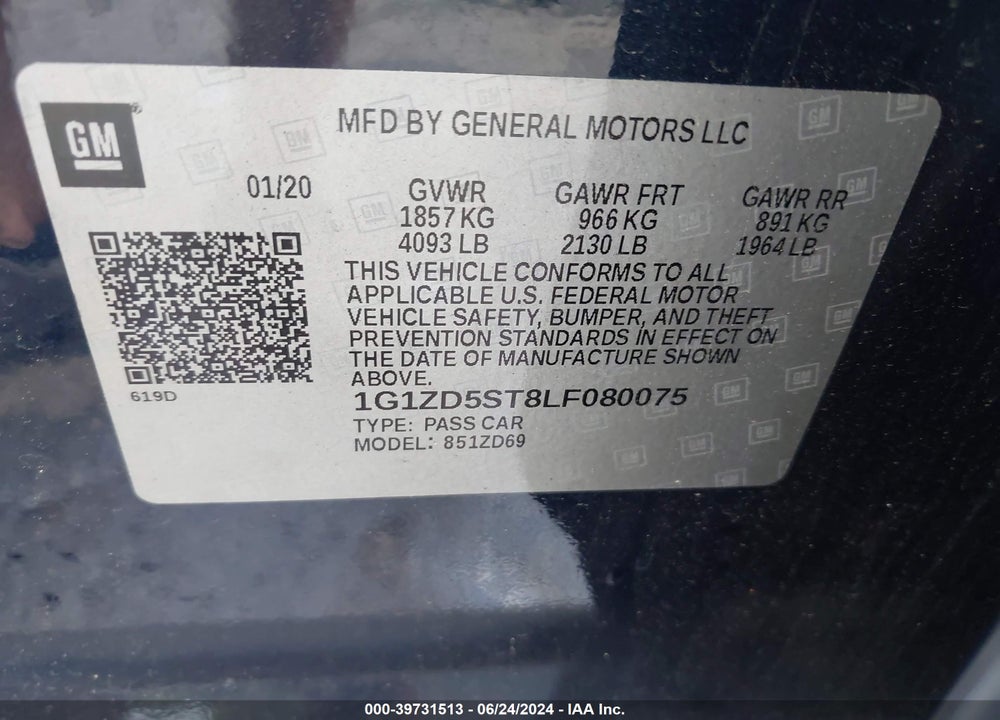 2020 CHEVROLET MALIBU FWD LT VIN: 1G1ZD5ST8LF080075