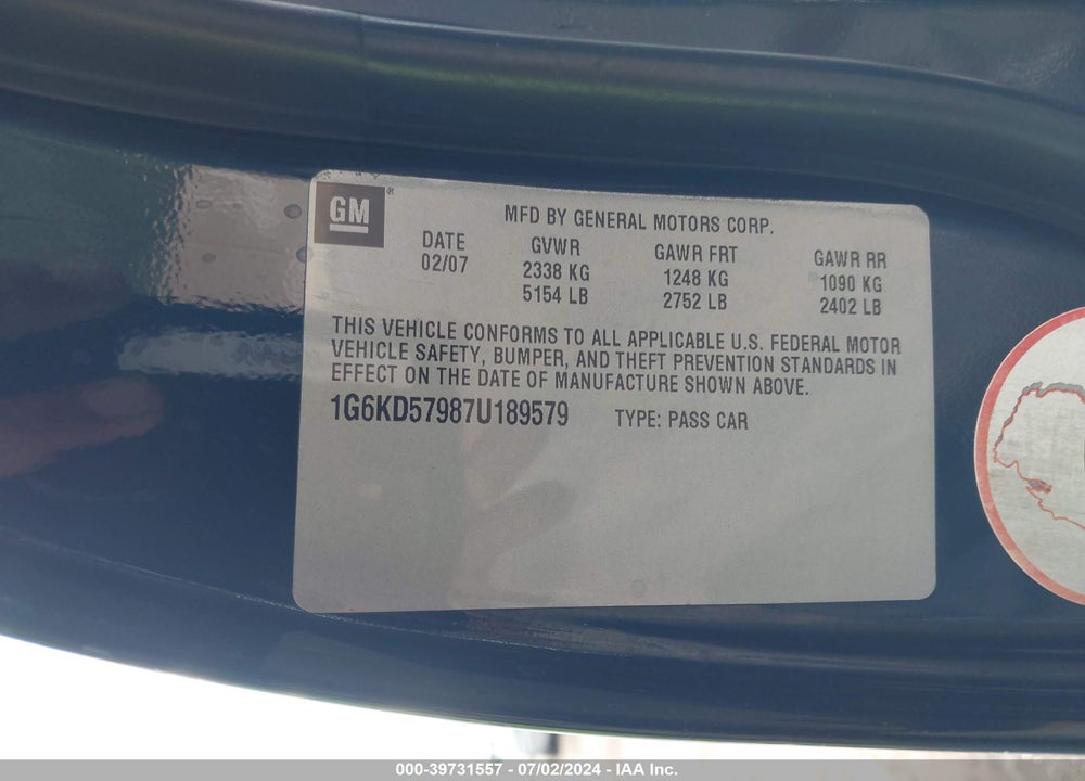 2007 CADILLAC DTS PERFORMANCE VIN: 1G6KD57987U189579