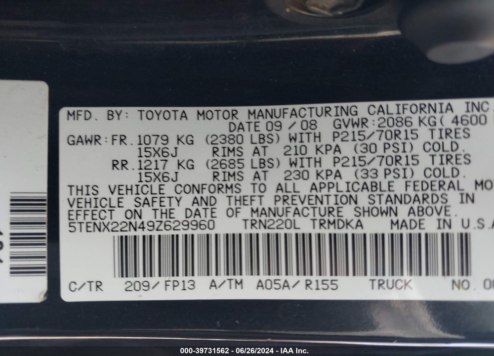 2009 TOYOTA TACOMA VIN: 5TENX22N49Z629960