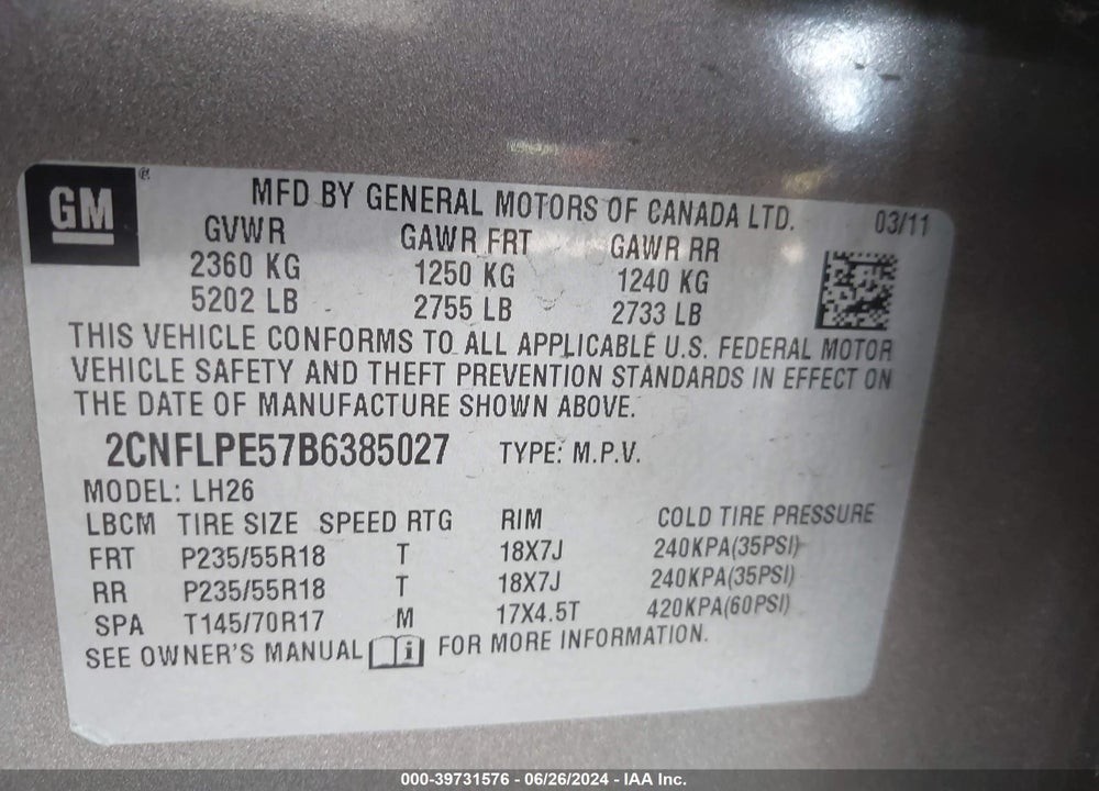 2011 CHEVROLET EQUINOX VIN: 2CNFLPE57B6385027
