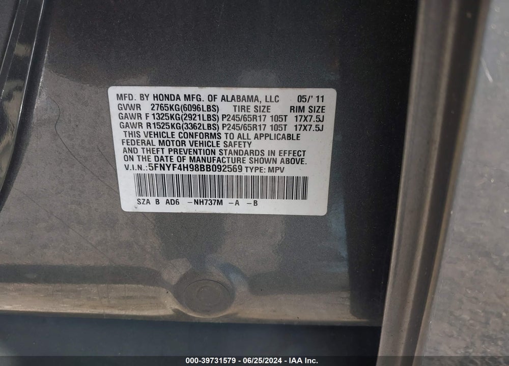 2011 HONDA PILOT TOURING VIN: 5FNYF4H98BB092569