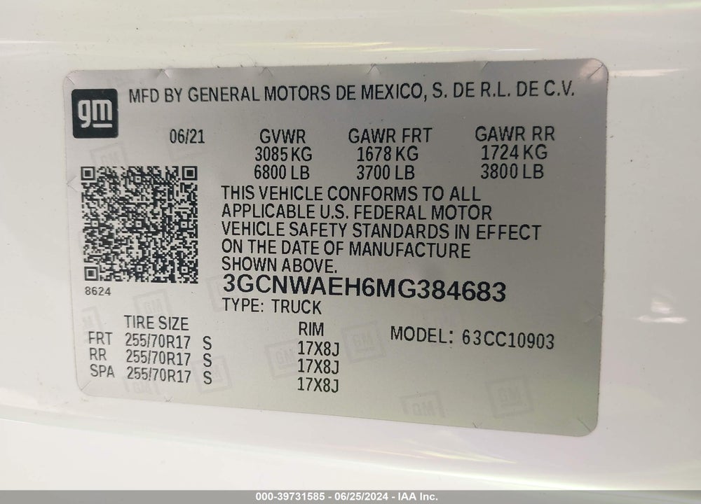 2021 CHEVROLET SILVERADO 1500 2WD REGULAR CAB LONG BED WT VIN: 3GCNWAEH6MG384683