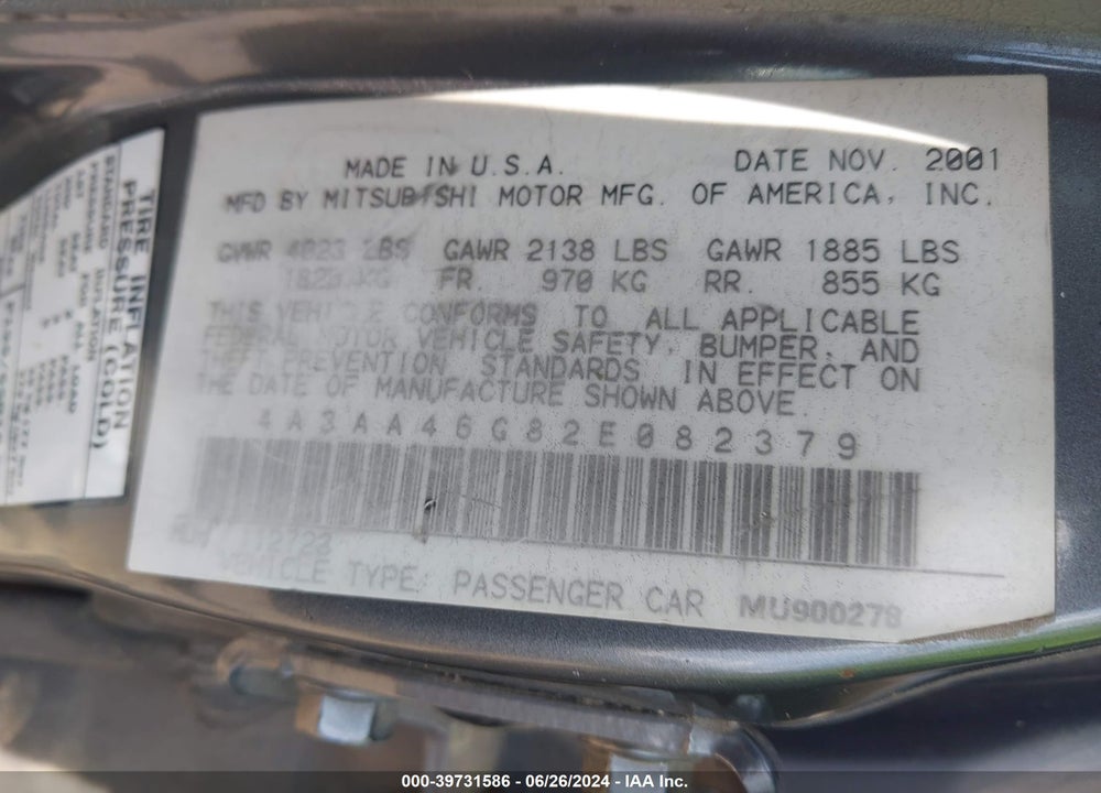 2002 MITSUBISHI GALANT ES/LS VIN: 4A3AA46G82E082379