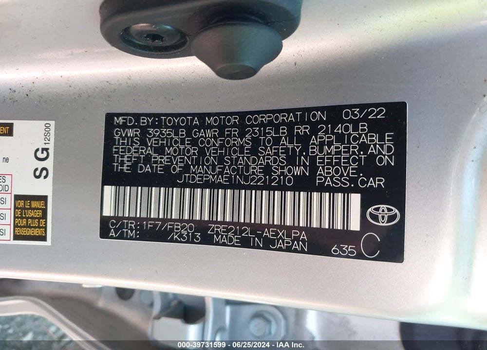 2022 TOYOTA COROLLA LE VIN: JTDEPMAE1NJ221210