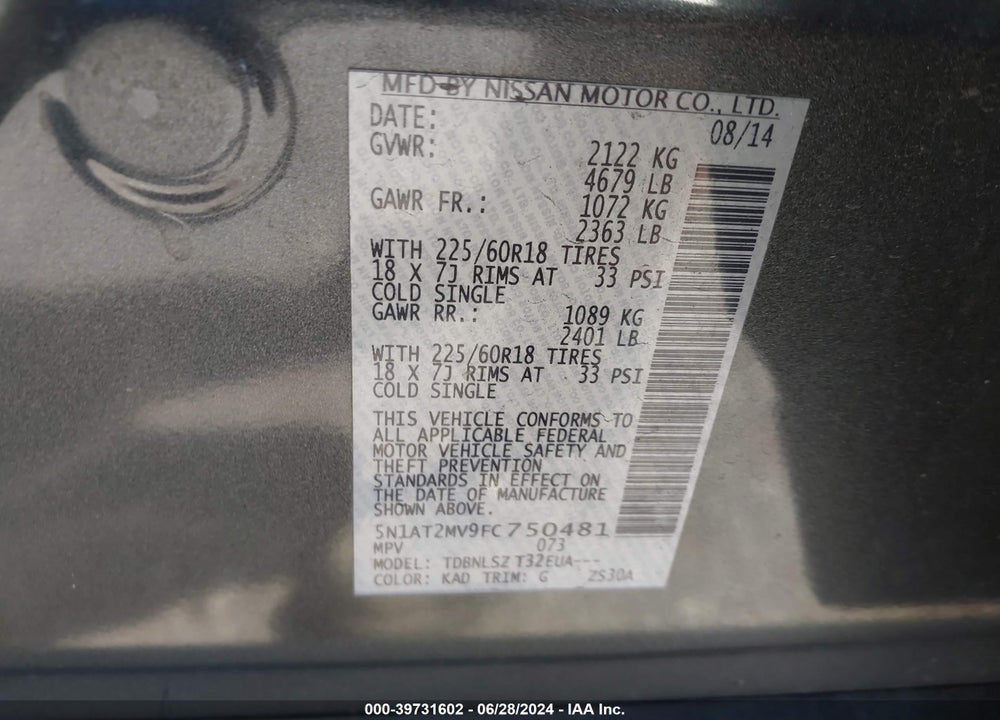 2015 NISSAN ROGUE SL VIN: 5N1AT2MV9FC750481