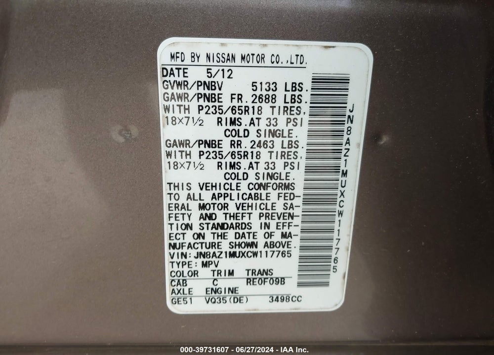 2012 NISSAN MURANO SL VIN: JN8AZ1MUXCW117765