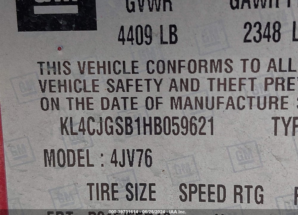2017 BUICK ENCORE ESSENCE VIN: KL4CJGSB1HB059621
