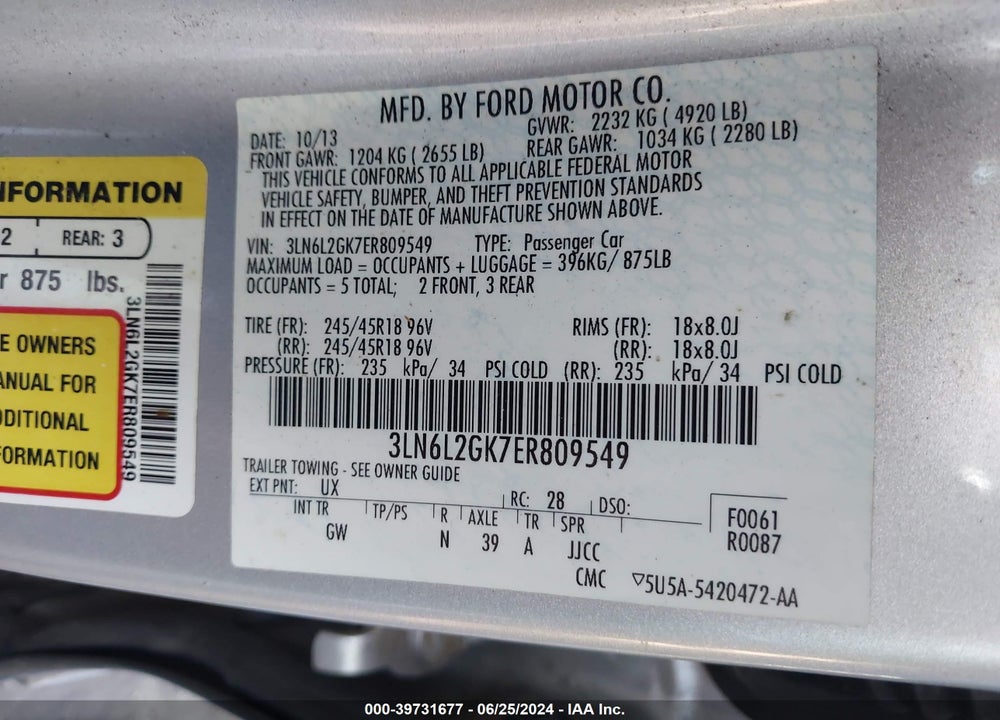 2014 LINCOLN MKZ VIN: 3LN6L2GK7ER809549