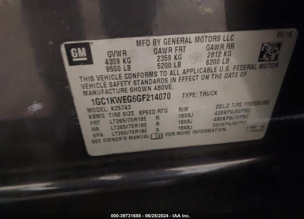 2016 CHEVROLET SILVERADO 2500HD LTZ VIN: 1GC1KWEG6GF214070