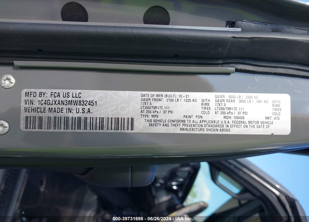 2021 JEEP WRANGLER WILLYS 4X4 VIN: 1C4GJXAN3MW832451