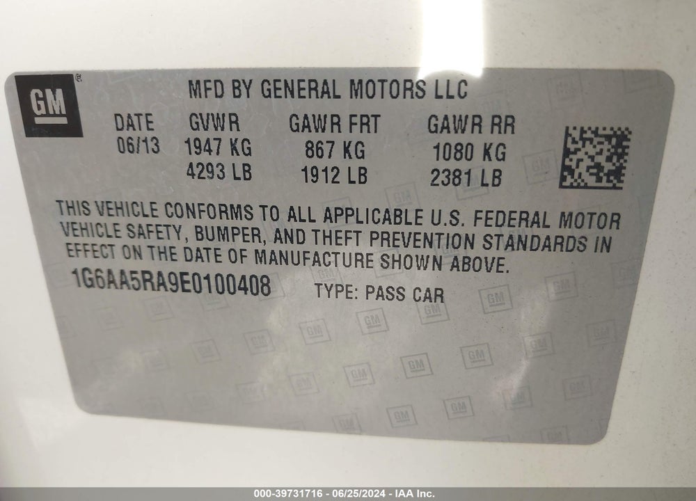 2014 CADILLAC ATS STANDARD VIN: 1G6AA5RA9E0100408