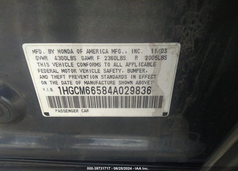 2004 HONDA ACCORD 3.0 EX VIN: 1HGCM66584A029836