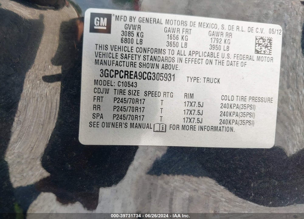 2012 CHEVROLET SILVERADO 1500 LS VIN: 3GCPCREA9CG305931