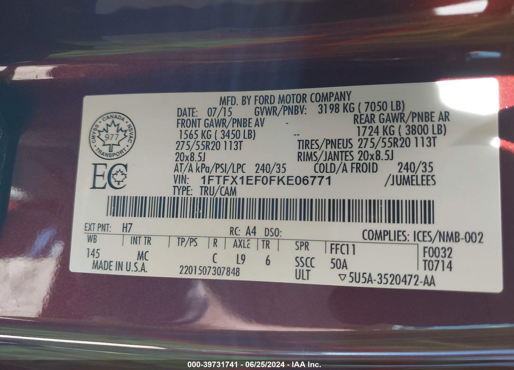 2015 FORD F-150 XLT VIN: 1FTFX1EF0FKE06771