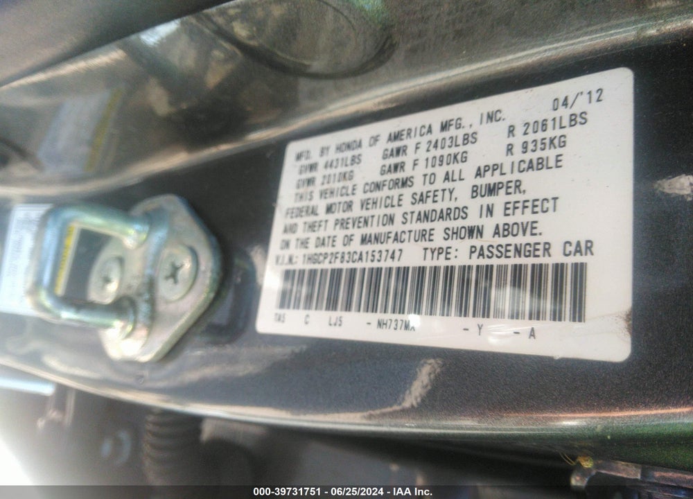2012 HONDA ACCORD 2.4 EX-L VIN: 1HGCP2F83CA153747