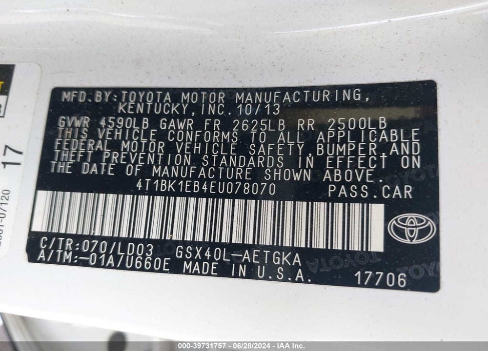 2014 TOYOTA AVALON XLE VIN: 4T1BK1EB4EU078070