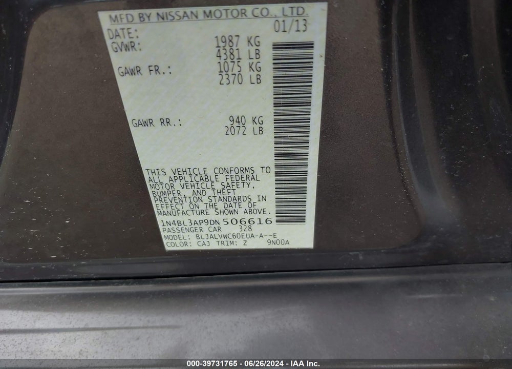 2013 NISSAN ALTIMA 3.5 SL VIN: 1N4BL3AP9DN506616