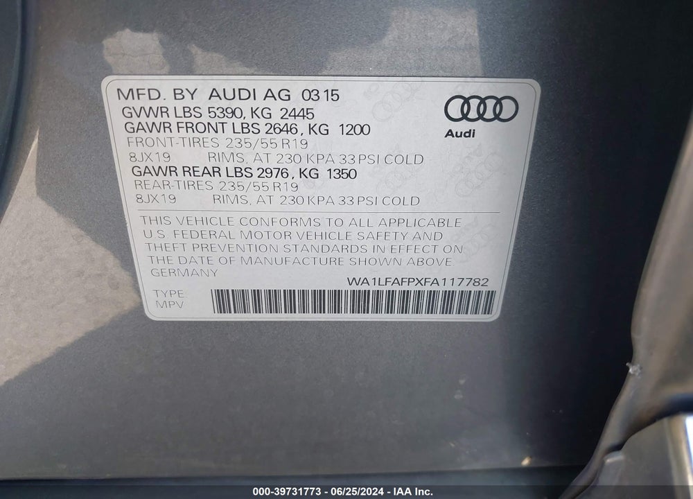 2015 AUDI Q5 VIN: WA1LFAFPXFA117782
