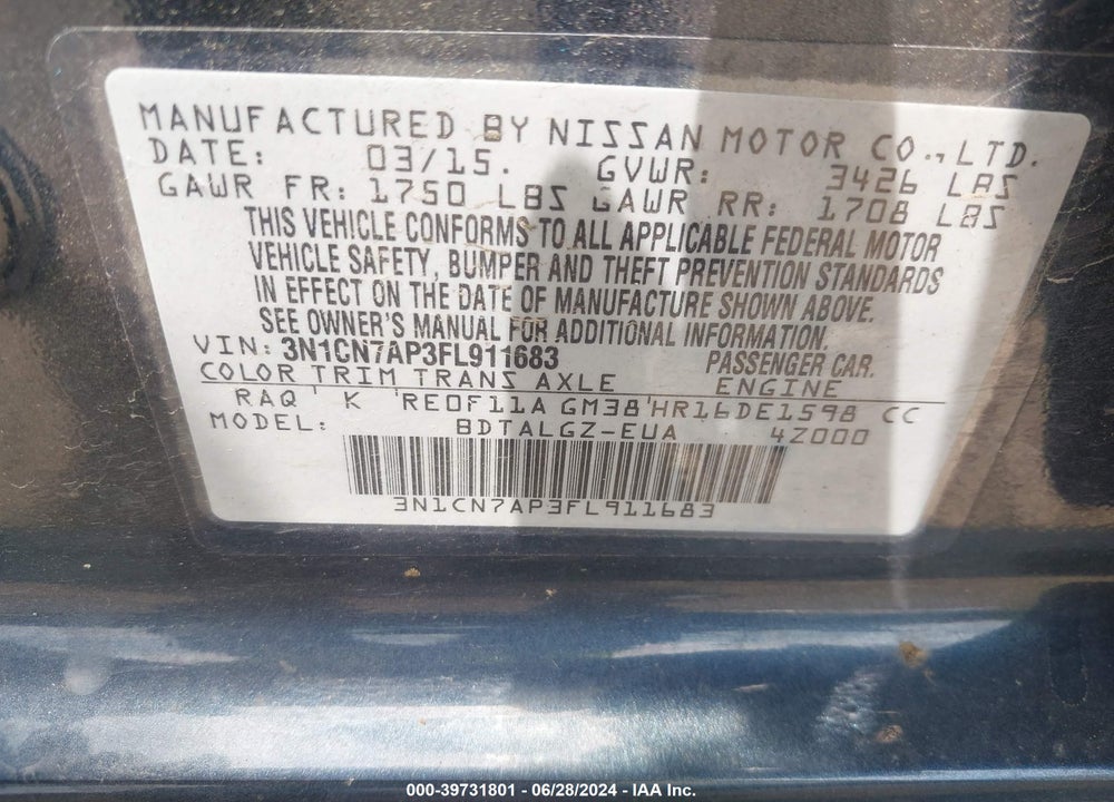 2015 NISSAN VERSA 1.6 SL VIN: 3N1CN7AP3FL911683